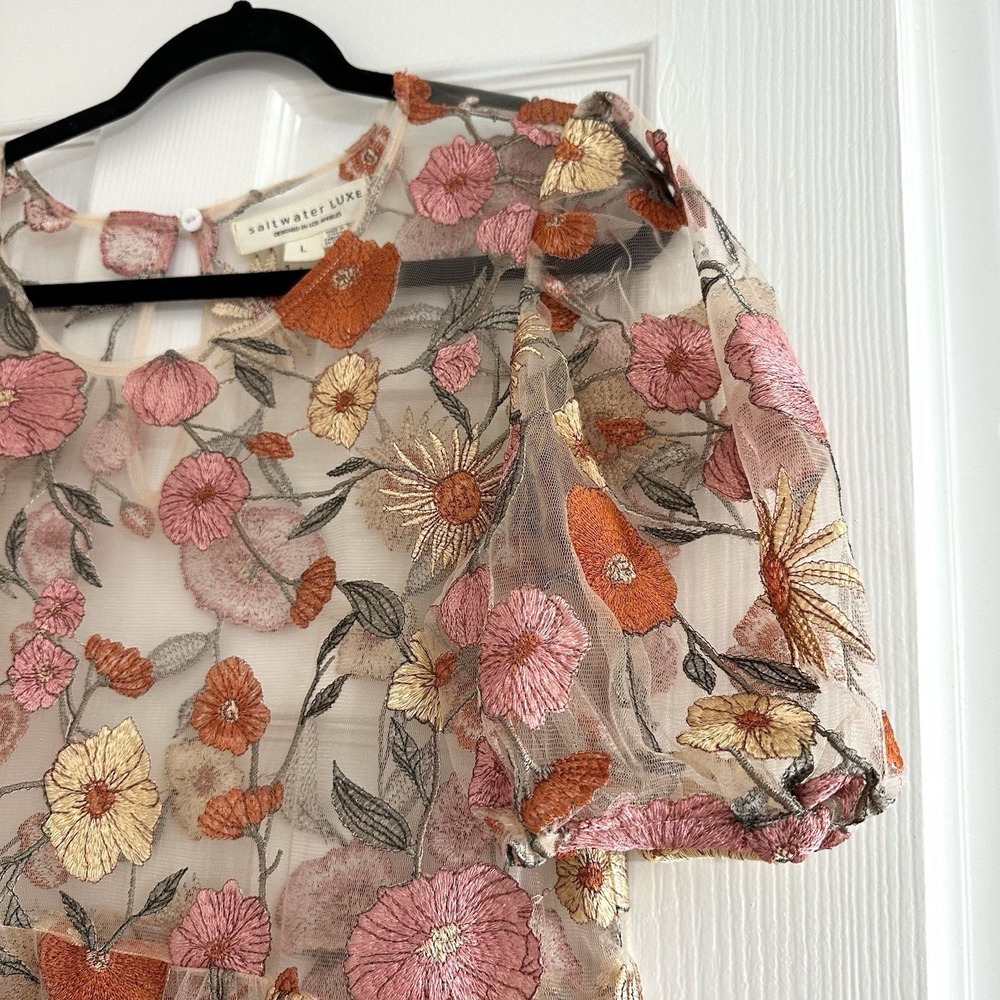 saltwater LUXE Sheer Floral Mini Dress in Pink, Orange, Cream - Picture 6 of 8